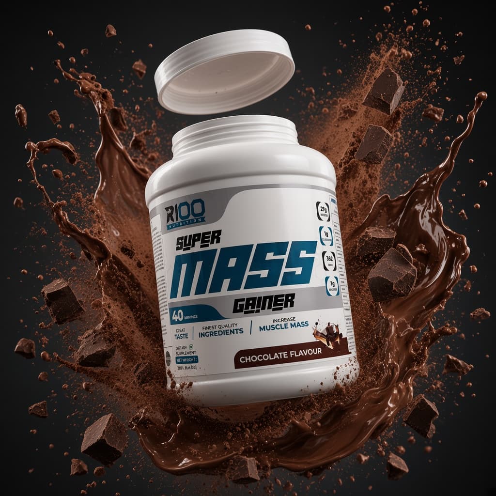 R100 Super Mass Gainer Chocolate — in action
